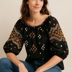 SEZANE BLACK AND PUMPKIN COLOR BOHO TOP SIZE 38